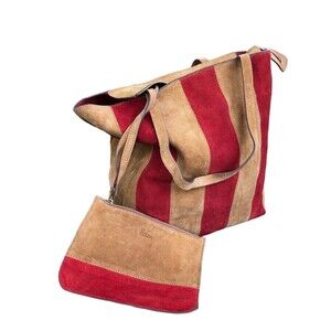 Boden Red Gold Purse Suede Leather Large Tote Handbag Bag Matching Coin Bag